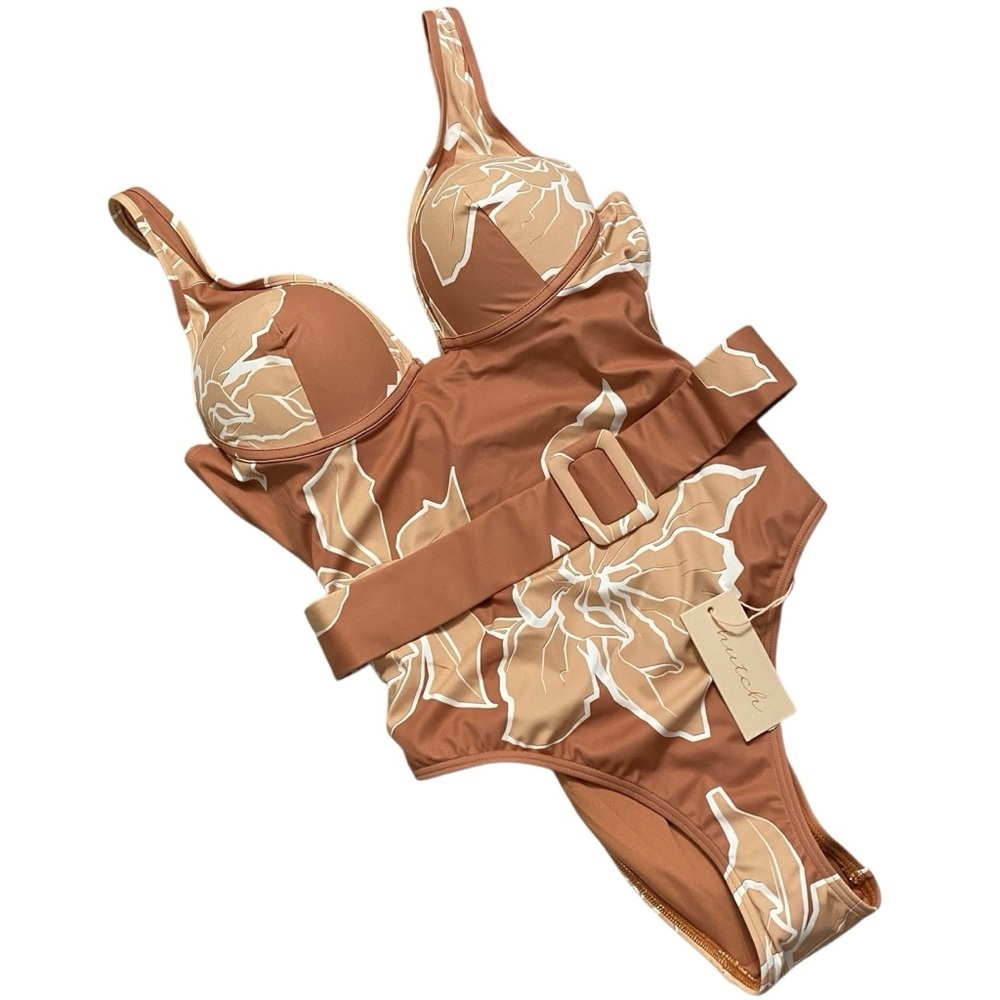Hutch Tan and Cream Floral Belted Swimsuit *Flaw